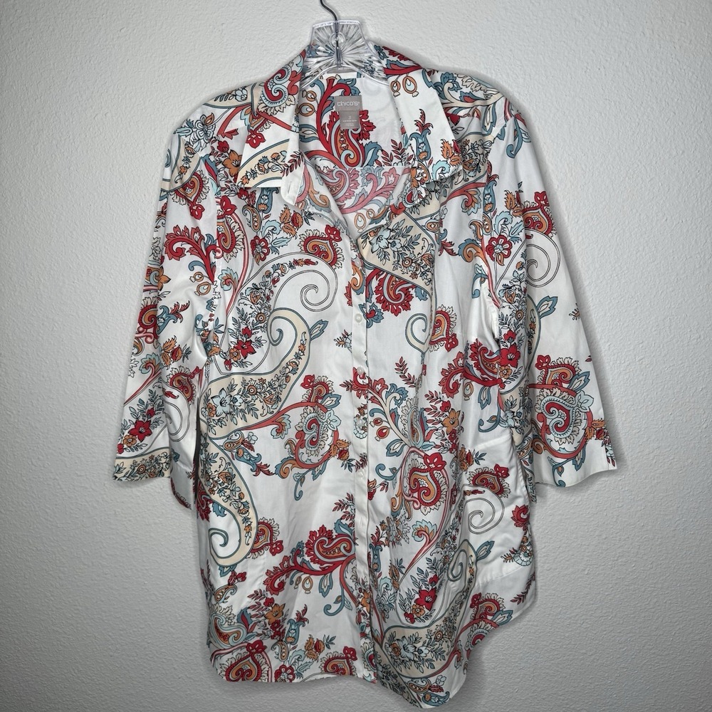 Chicos Size 3 16/18 White Paisley Print Button Up Shirt Blouse Top Work Career‎
